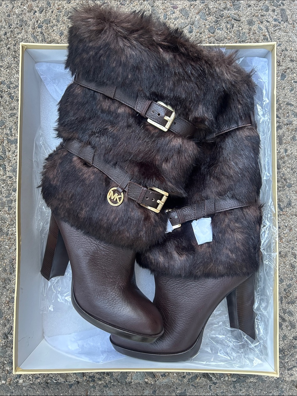 Michael Kors Dark Brown Faux Fur-Trim Leather High Heel Charlie Boots